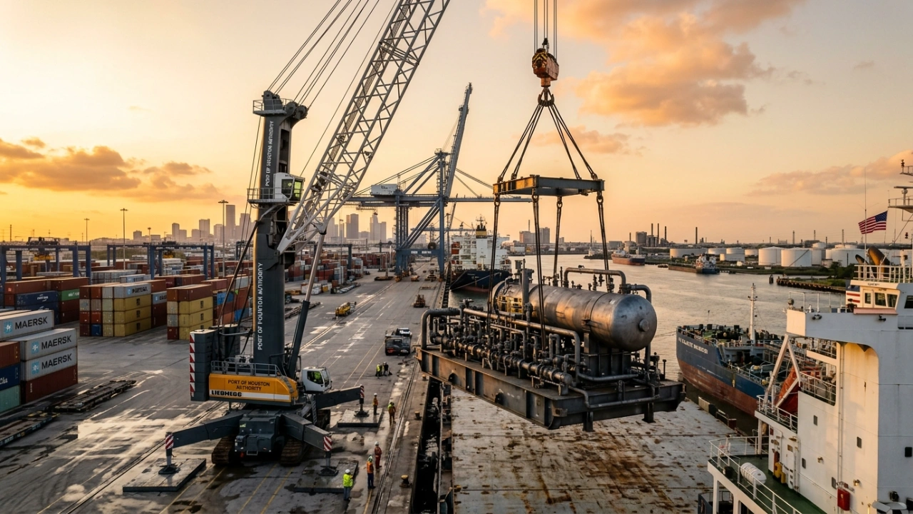 Specialized Heavy Lift Crane Loading Massive Oil And Gas Infrastructure Onto A Cargo Vessel At The Port Of Houston, Demonstrating Complex Project Cargo Logistics Capabilities.
