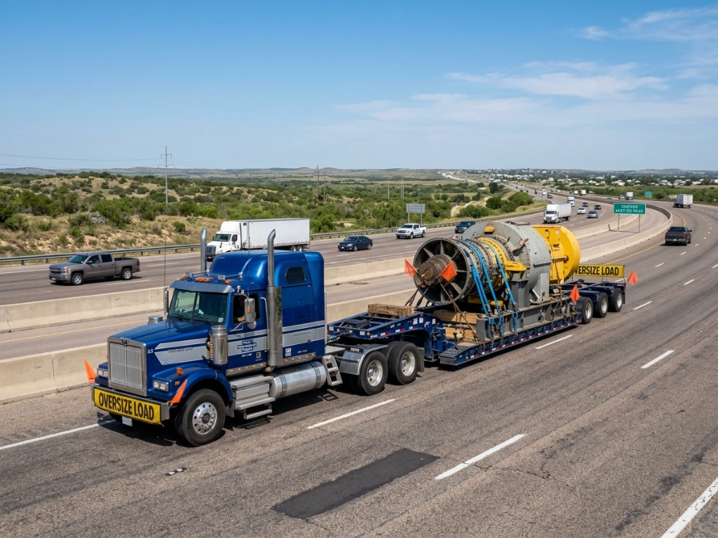 Texas International Freight Heavy-Haul Truck Transporting Massive Construction Machinery On A Texas Highway, Demonstrating Expert Industrial Logistics And Specialized Transport Services.