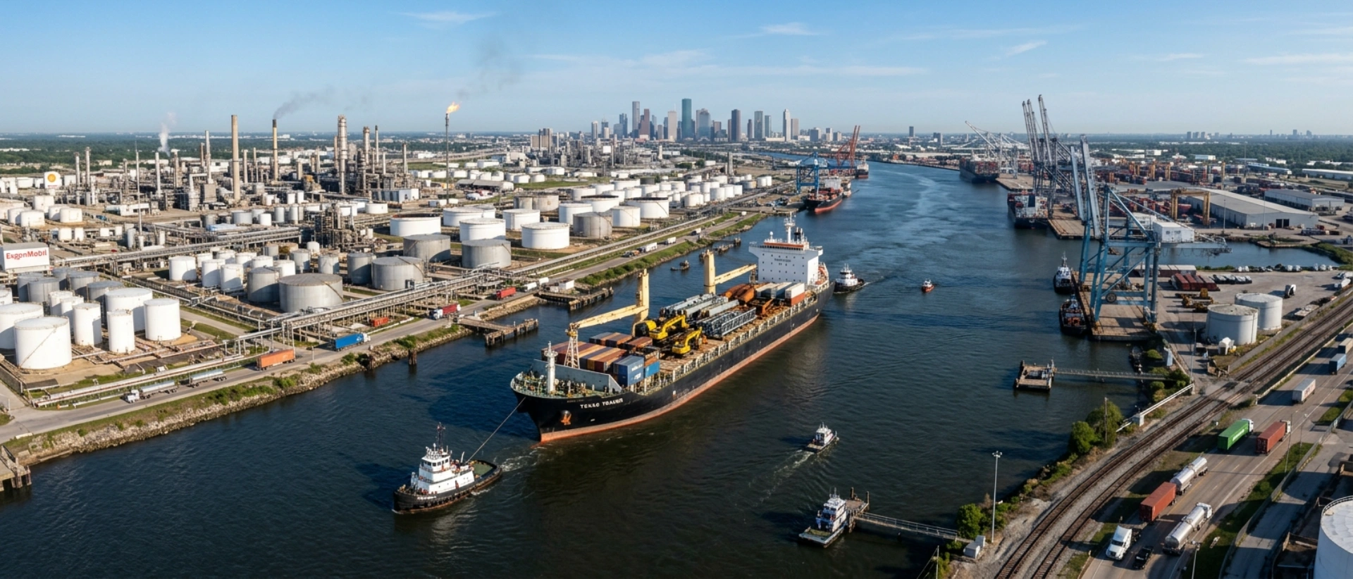 A Large Break Bulk Cargo Ship Navigating The Houston Ship Channel, Showcasing The Industrial Infrastructure And Maritime Logistics Power Of The Port Of Houston In Texas.