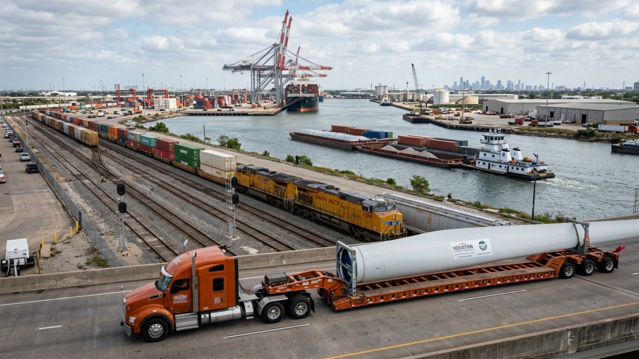 Integrated Intermodal Logistics Solutions In Houston Featuring Oversized Cargo Trucking, Rail Freight, And Inland Barge Services For National Supply Chain Expansion.