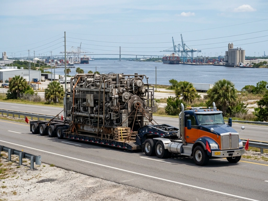 A Heavy Transport Low-Boy Trailer Hauling Oversized Industrial Manufacturing Machinery Near Jaxport In Jacksonville, Florida, Illustrating Specialized Logistics And Freight Services.