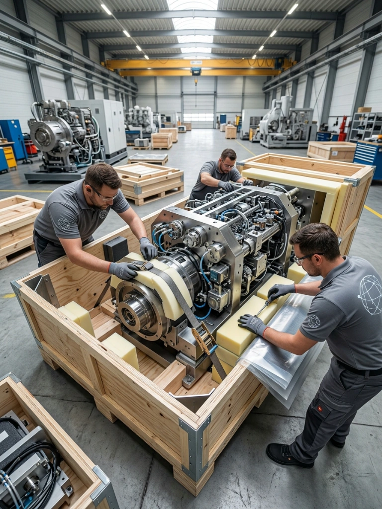 Specialized Logistics Experts Meticulously Securing Complex Industrial Manufacturing Machinery In A Custom-Made Wooden Packing Crate For High-Value B2B Transport.