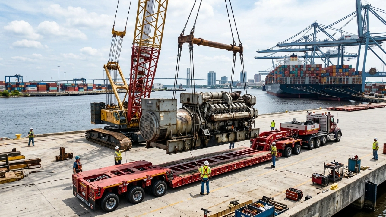 A Massive Industrial Generator Component Being Loaded By A Derrick Crane Onto A Multi-Axle Heavy Transport Low-Boy Trailer At Jaxport In Jacksonville, Florida, Demonstrating Specialized Project Cargo Handling And Heavy Lift Logistics.
