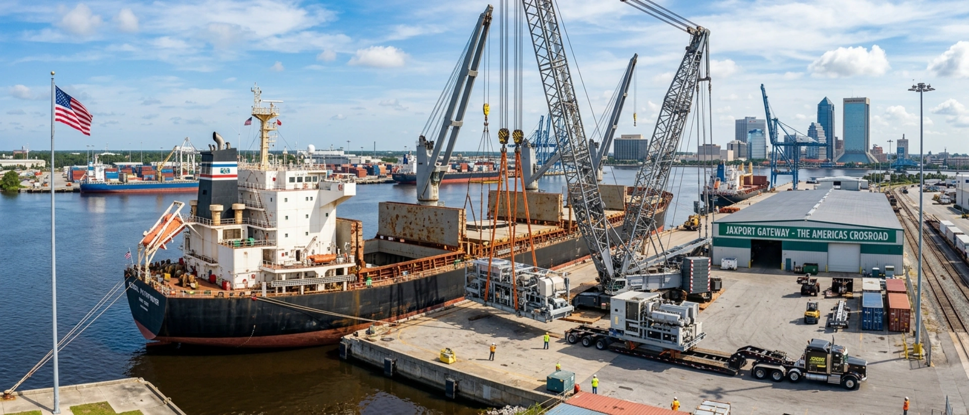 Heavy Lift Project Cargo Operations At Jaxport Jacksonville Featuring A General Cargo Ship And Specialized Derrick Cranes Loading Oversized Manufacturing Components.