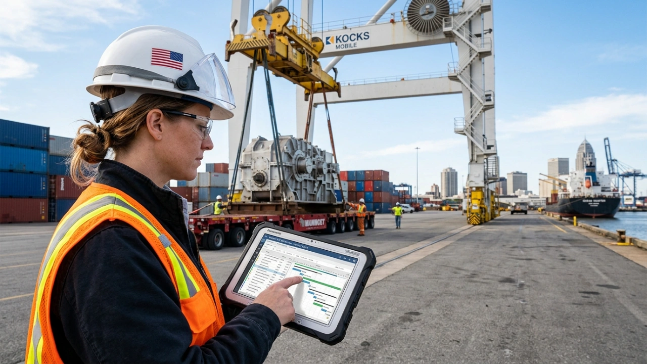 Expert Logistics Manager At The Port Of Mobile Coordinating Specialized Heavy Lift Cargo Transport Using A Digital Project Schedule To Ensure Efficient Delivery And Avoid Delays.