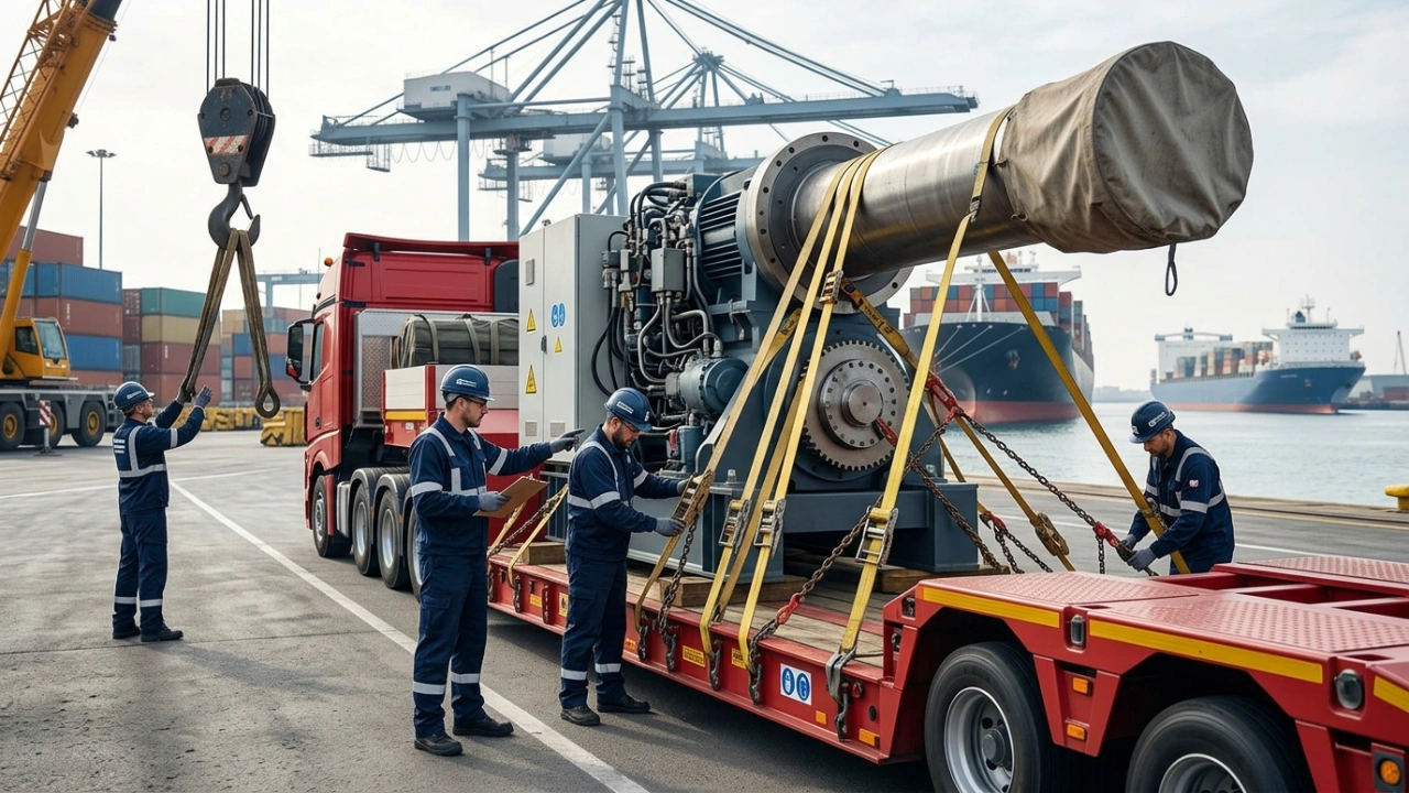 Specialized Oversized Freight Logistics In Mobile Showing Professionals Loading Massive Industrial Steel Manufacturing Equipment Onto A Modern Heavy-Haul Low-Boy Transporter