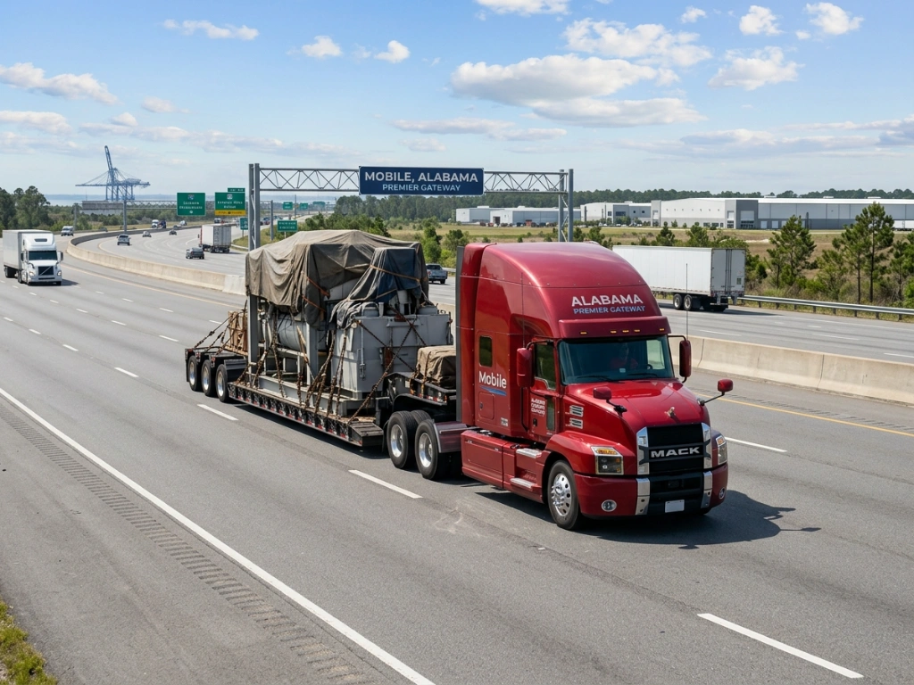 A Heavy-Duty Semi-Truck Transporting Massive Industrial Machinery On An Alabama Interstate, Illustrating The Logistics And Freight Connectivity Of The Mobile Alabama Premier Gateway.
