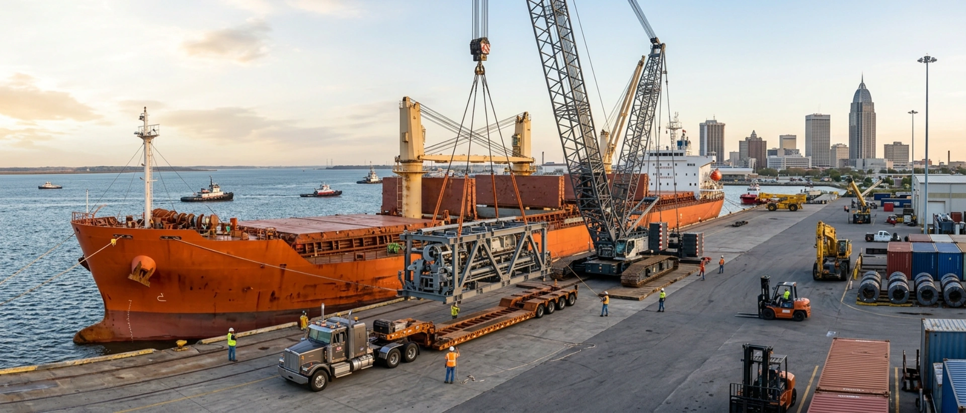 Advanced Heavy-Lift Cargo Operations At The Port Of Mobile, Alabama, Featuring A Derrick Crane Loading Industrial Manufacturing Equipment From A Cargo Ship Onto A Heavy-Haul Truck.