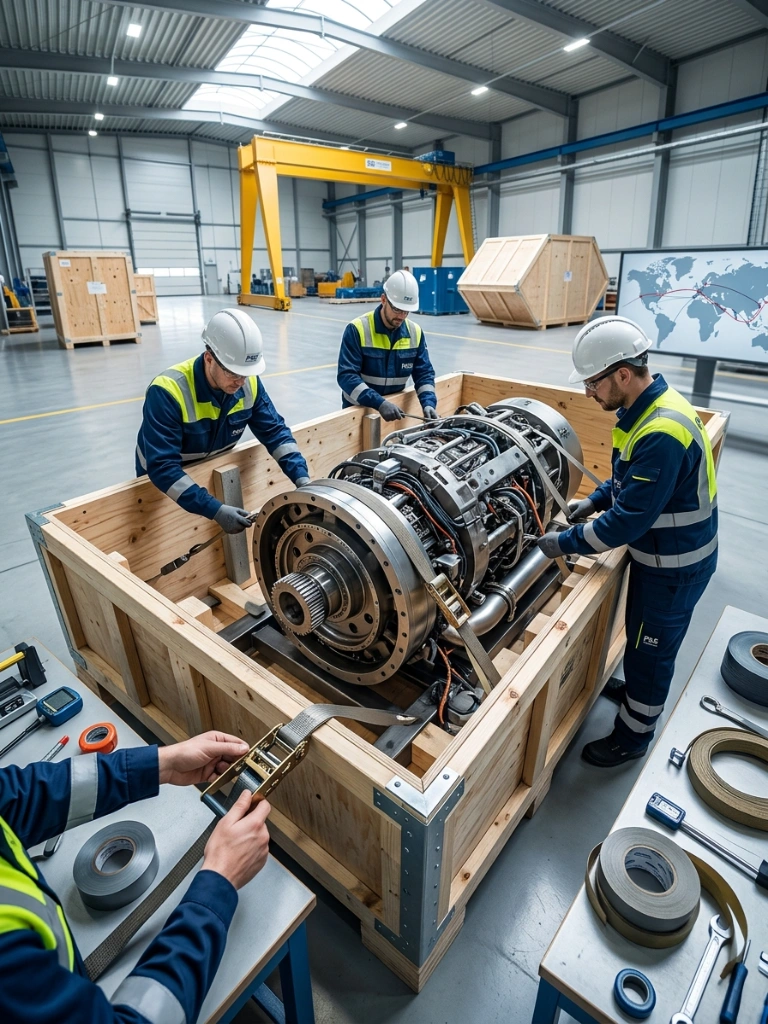 Logistics Specialists Meticulously Securing A Complex Industrial Machinery Component Into A Custom Wooden Crate For Specialized Break Bulk Cargo Transport.