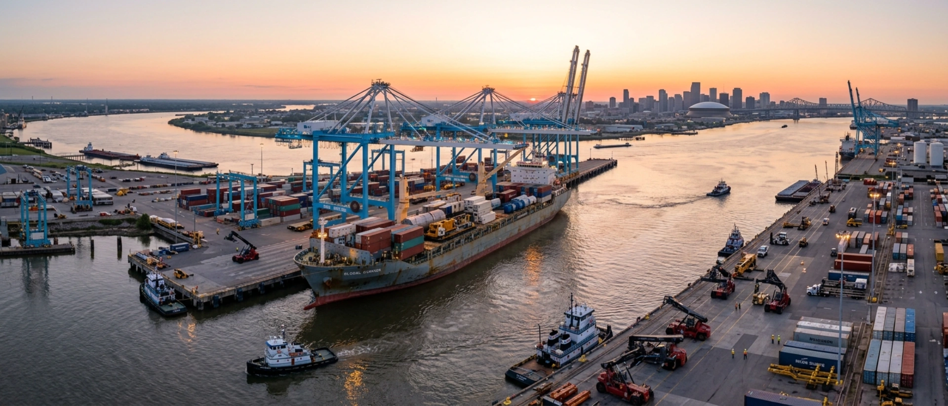A Wide Panoramic View Of The Port Of New Orleans (Port Nola) At Sunrise, Showing A Large Cargo Vessel And Modern Gantry Cranes Representing Its Role As The Premier Gateway For Oversized Gulf Coast Freight And Global Logistics.