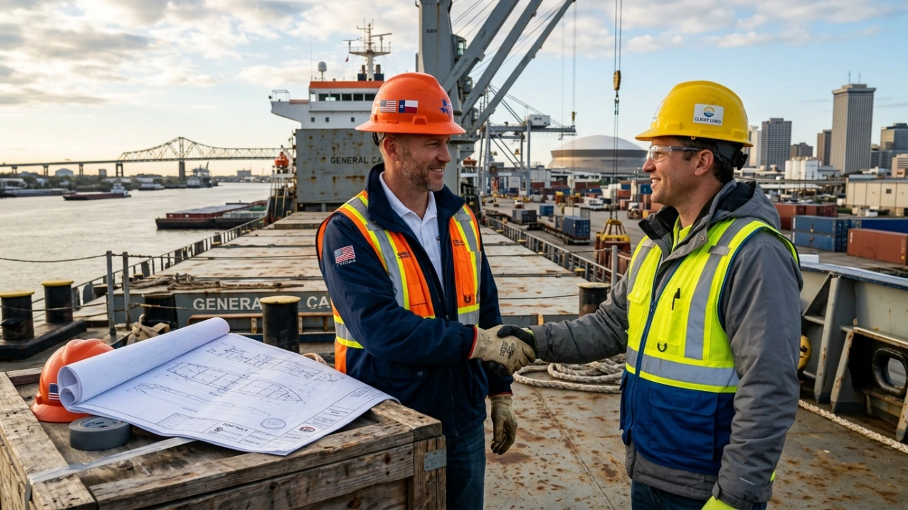 Texas International Freight Logistics Experts Shaking Hands On A Cargo Ship Deck In New Orleans, Showcasing Successful Project Management And Cost-Effective Freight Solutions.