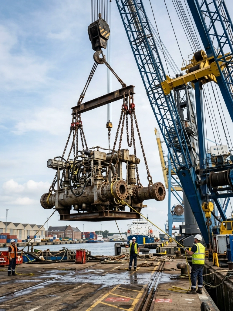 Heavy Lift Port Crane Operation Safely Hoisting A Massive Subsea Valve For The Oil And Gas Industry, Demonstrating Break Bulk Cargo Handling Expertise.