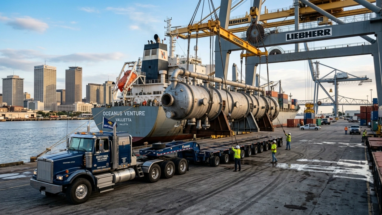Heavy-Haul Truck Loading A Massive Industrial Refinery Component At The Port Of New Orleans For Specialized Oversized Cargo Transport.