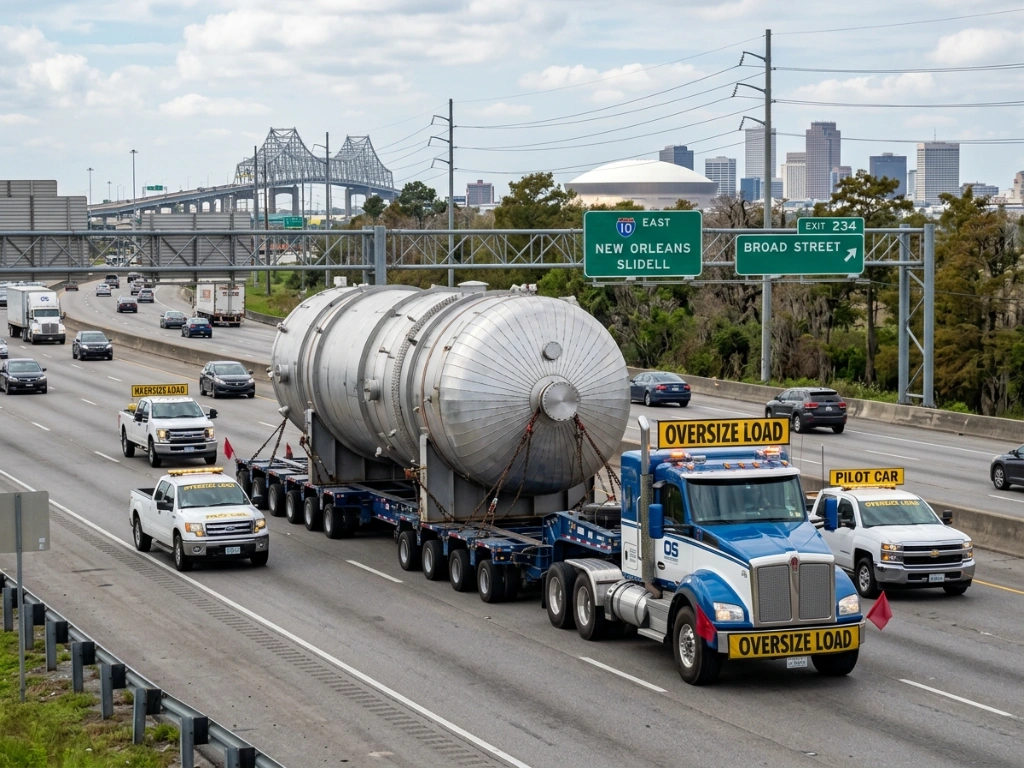 Heavy Haulage Logistics Convoy Transporting An Oversized Industrial Steel Pressure Tank On An Interstate Near New Orleans, Showcasing Expert Complex Freight Management And Route Compliance.
