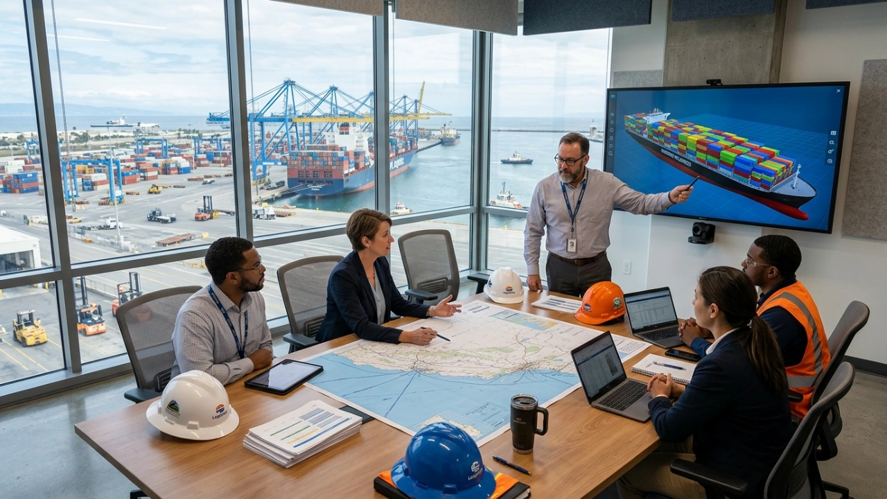 Expert Logistics Team At Port Hueneme Developing Customized Shipping Plans And Customs Compliance Strategies Using 3D Cargo Models.
