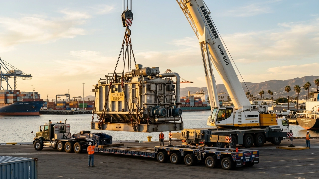 Advanced Heavy-Lift Infrastructure Crane Loading Oversized Industrial Machinery Onto A Transport Vehicle At Port Hueneme