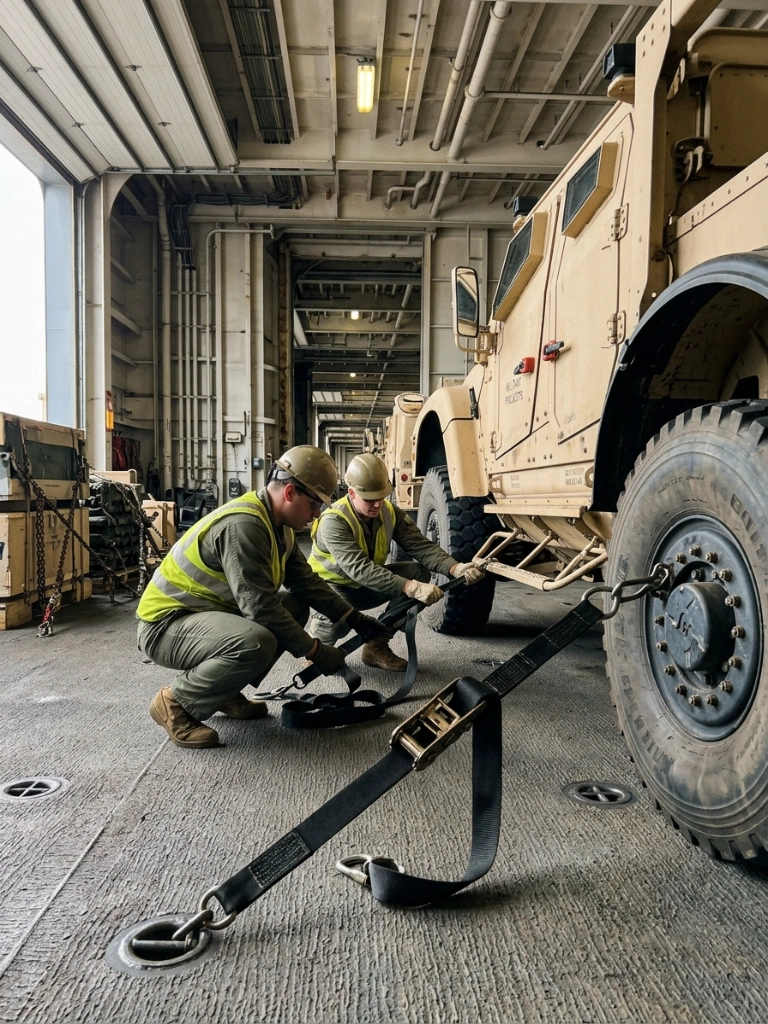Specialized Logistics Team Securing A Heavy Tactical Military Vehicle For Safe Transport In A Cargo Terminal