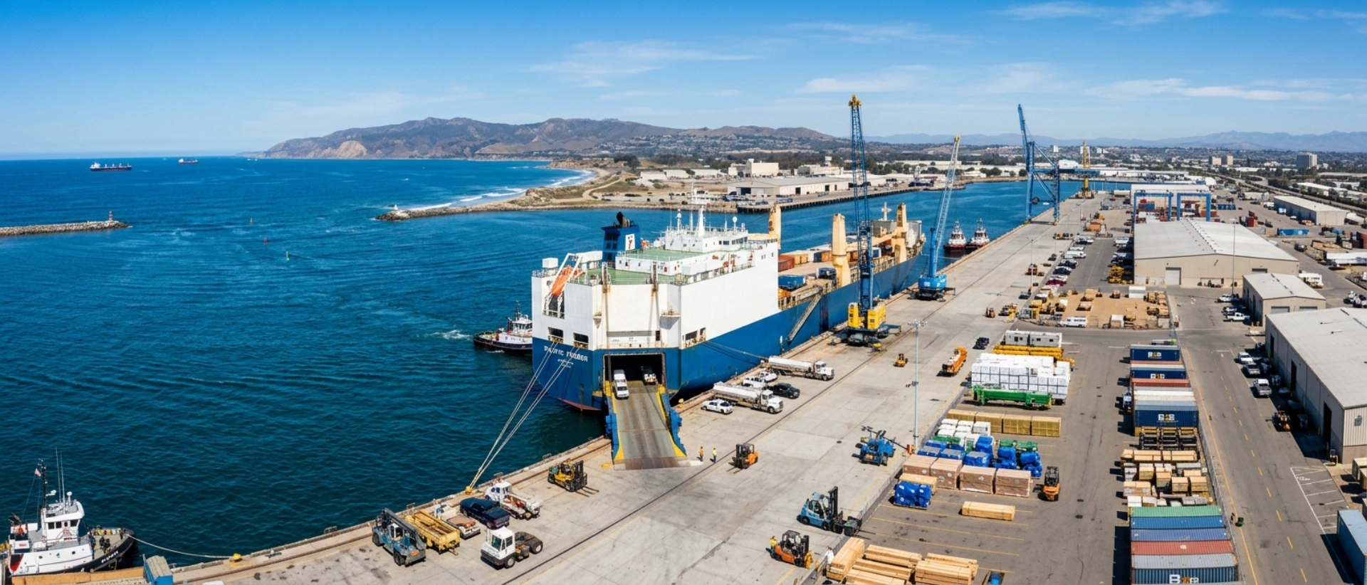 An Efficient Break Bulk And Roro Cargo Ship At Port Hueneme, A Strategic West Coast Gateway For Maritime Logistics And Commercial Shipping In California.