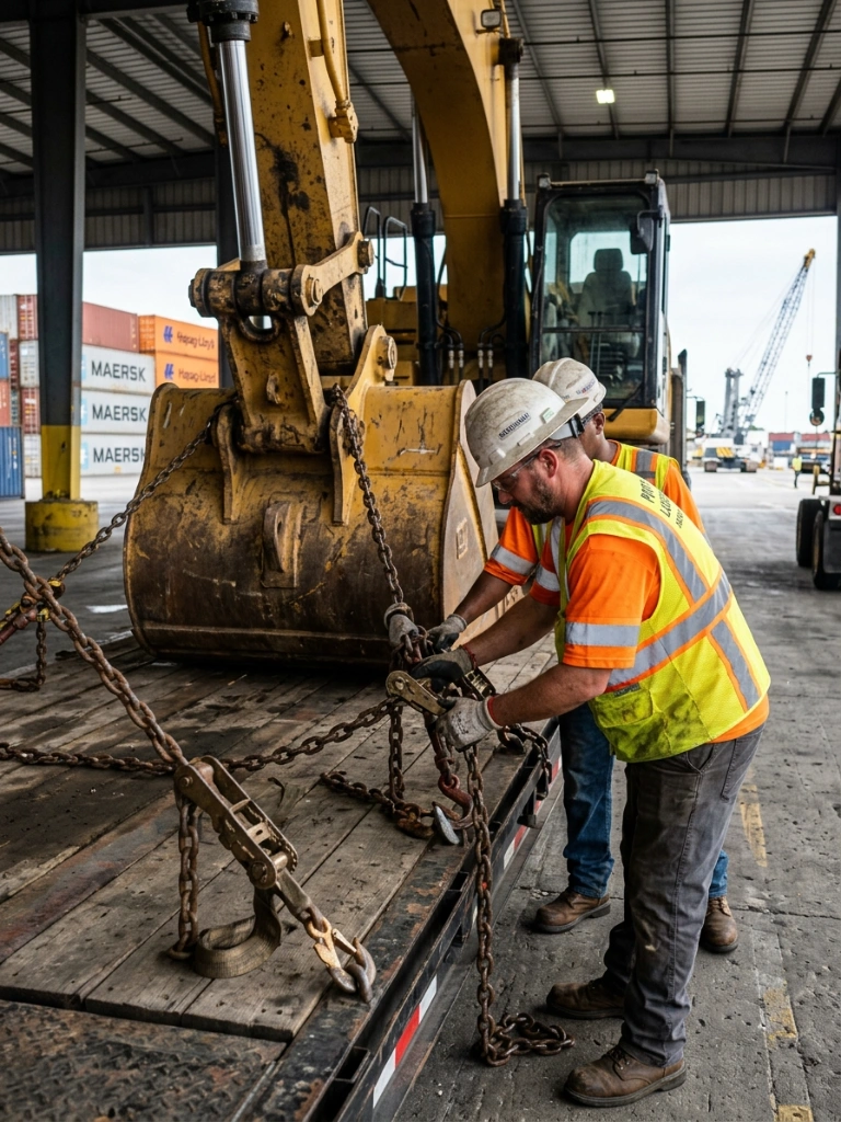 Professional Logistics Specialists Performing Industrial Lashing And Securing Of Heavy Construction Machinery At The Port Of Savannah To Ensure Damage Prevention And Cargo Safety.