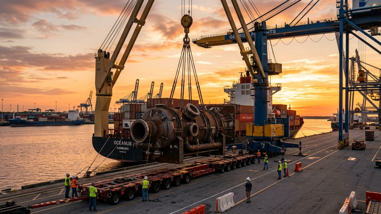 Heavy Lift Cargo Operation At The Port Of Savannah Terminal Featuring A Crane Moving An Oversized Steel Component During Sunset