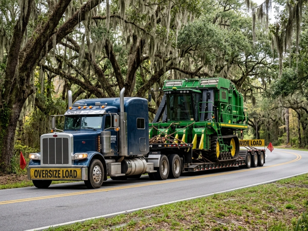 Professional Heavy Haul Transport Service Moving Oversized Agricultural Machinery On A Flatbed Truck Through A Scenic Route In Savannah, Georgia.