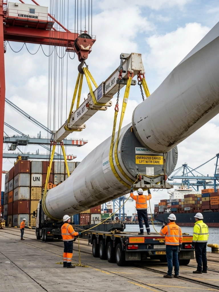 Specialized Breakbulk Cargo Handling Of A Massive Wind Turbine Blade Being Lifted By A Port Crane For International Maritime Logistics.