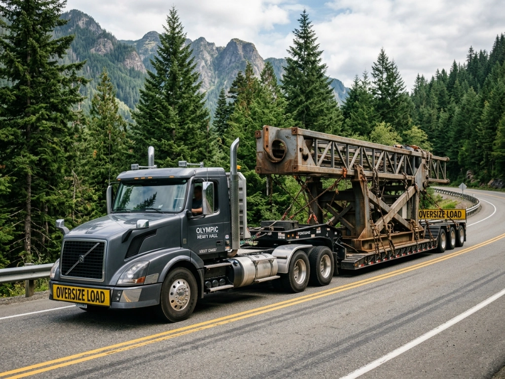 A Professional Lowboy Semi-Trailer Truck Transporting An Oversized Industrial Load Through A Scenic Washington Route, Demonstrating Expertise In Heavy Haul Logistics And Specialized Machinery Transport.