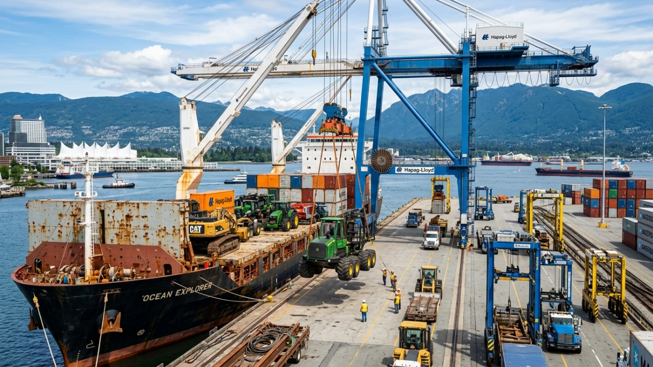 Heavy Agricultural And Forestry Machinery Being Unloaded From A Ship By Cranes At The Port Of Vancouver For International Logistics And Transport Services.