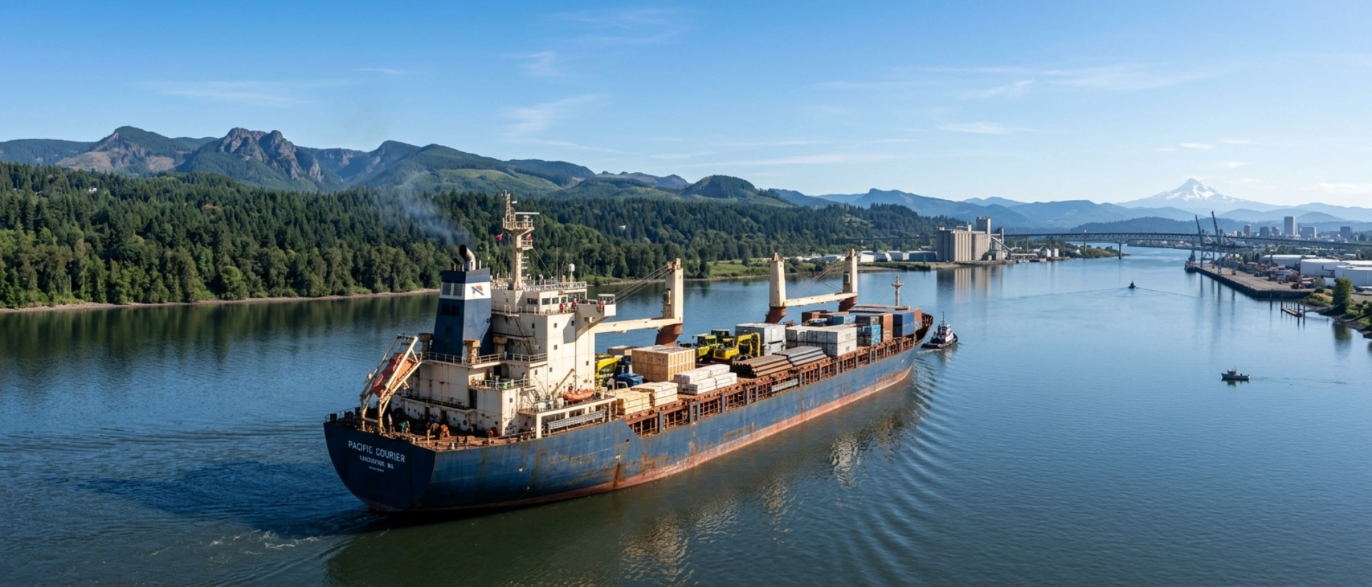 A Massive Break Bulk Cargo Ship Navigating The Columbia River Towards The Port Of Vancouver, Washington, Illustrating Regional Maritime Logistics And Pacific Northwest Shipping Scale.