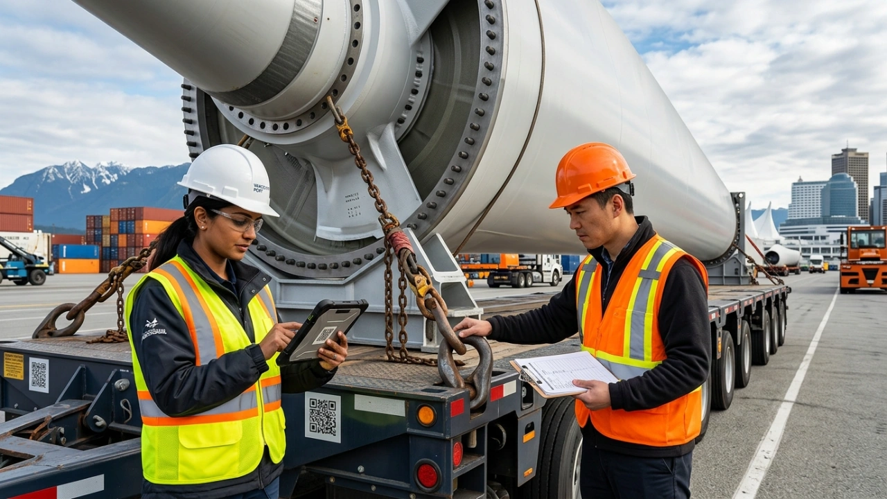 Professional Logistics Inspectors Performing A Safety And Documentation Audit On A Heavy-Lift Power Generator Turbine At Vancouver Terminal For Secure Project Cargo Transport.