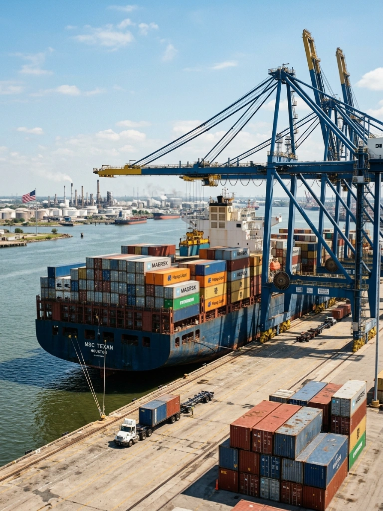 Professional Ocean Freight And Container Shipping Services At A Major Texas Port Terminal Showing Cargo Ships And Logistics Infrastructure.
