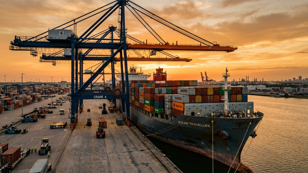A Massive Container Ship Being Loaded By Gantry Cranes At A Texas Ocean Freight Terminal, Illustrating Global Logistics And Container Shipping Services.