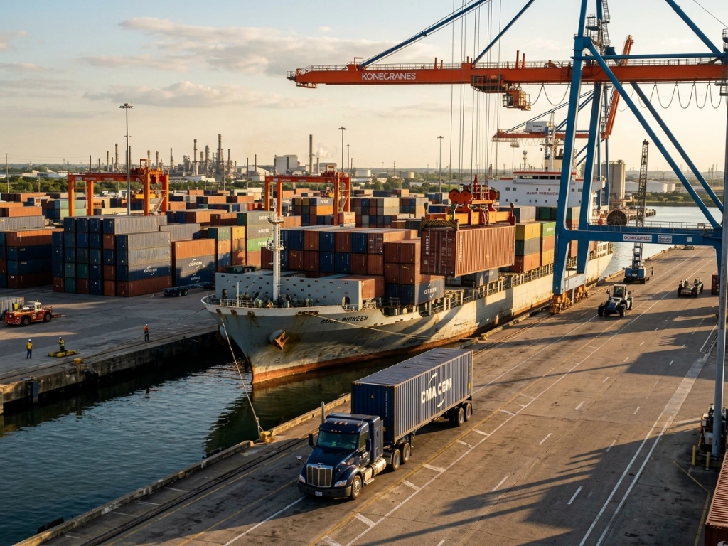 Professional Container Shipping And Ocean Freight Services At A Major Texas Port Terminal Featuring A Cargo Vessel And Gantry Cranes.