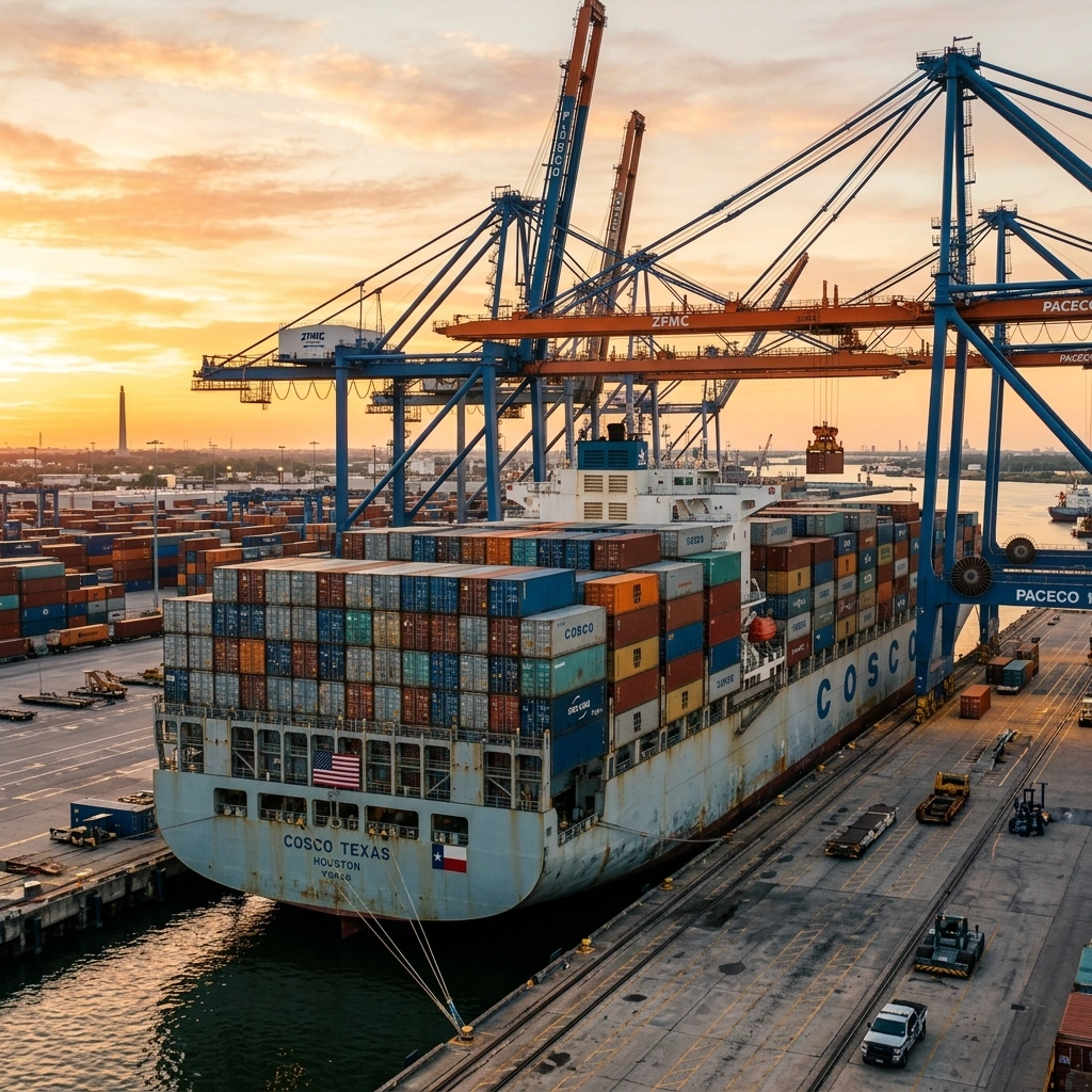Professional Ocean Freight And Container Shipping Services At The Port Of Houston, Texas, Showing A Massive Cargo Ship And Gantry Cranes.