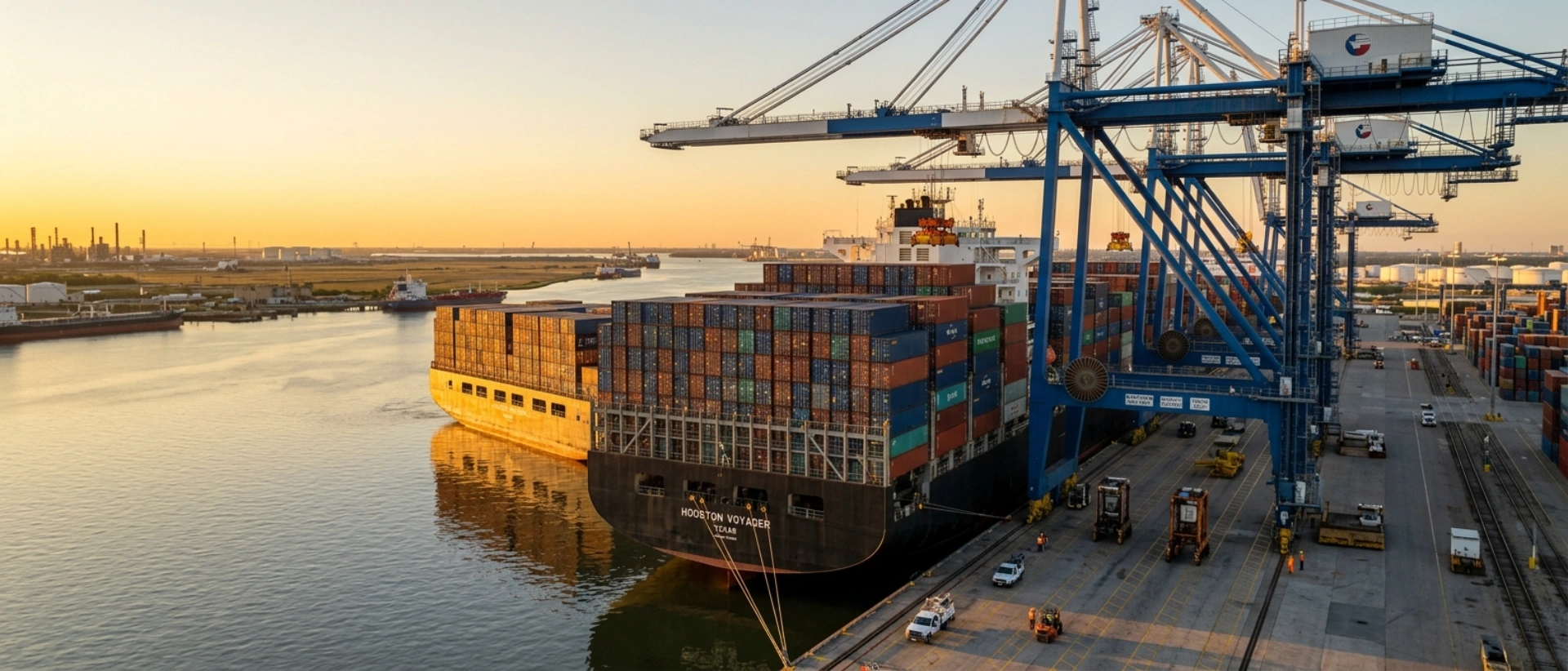 Large Container Ship Being Loaded At A Texas Port For Ocean Freight And International Shipping Services.