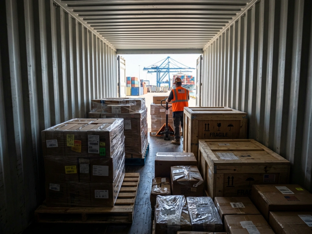 Consolidated Lcl Shipping Cargo Including Pallets And Crates Sharing Space Inside A Shipping Container At A Houston Freight Terminal
