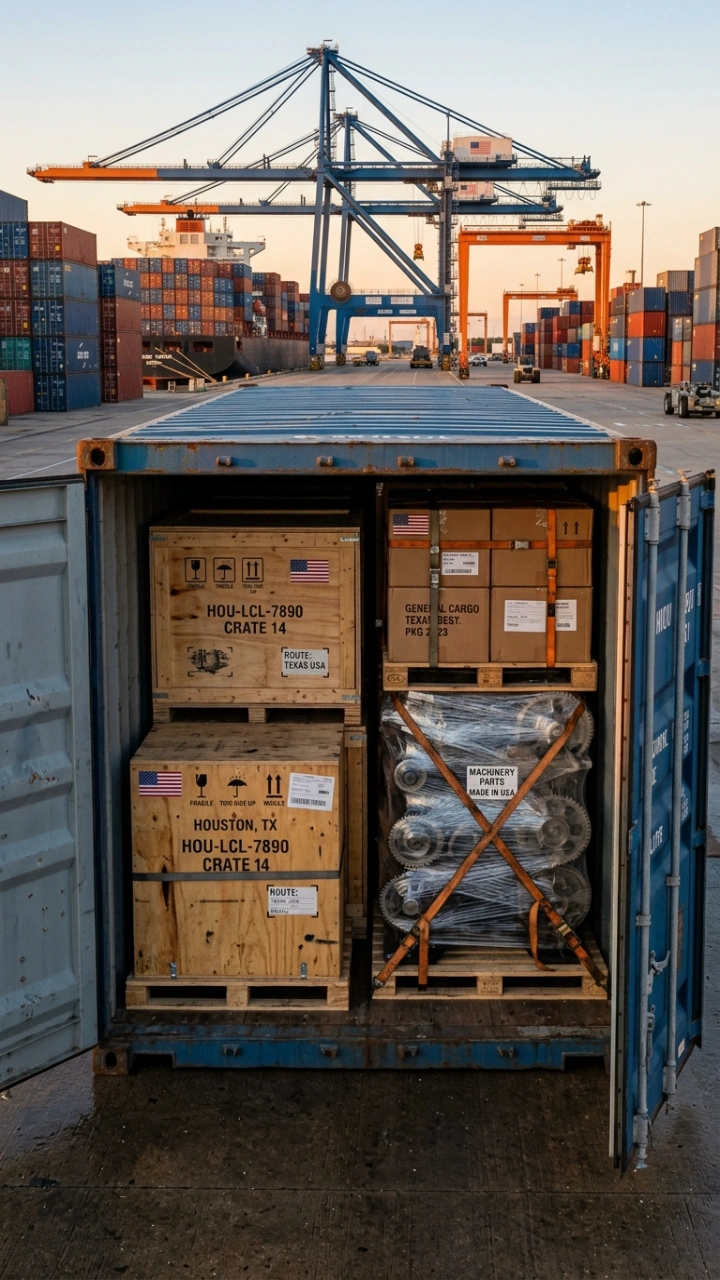 Consolidated Cargo Inside An Ocean Freight Container Illustrating Less Than Container Load (Lcl) Shipping Services From Texas.