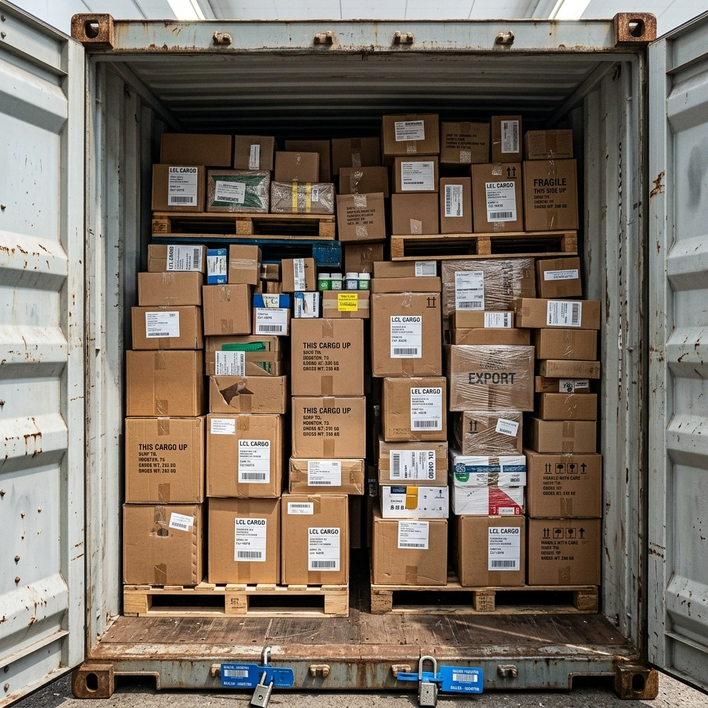 Less Than Container Load (Lcl) Shipping Services Showing Consolidated Cargo And Pallets Inside A Shared Ocean Container At A Houston Logistics Hub.