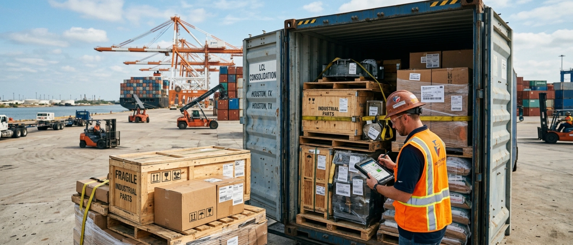 Less Than Container Load (Lcl) Shipping Services Showing Consolidated Cargo And Pallets Being Loaded For International Freight From A Texas Port.