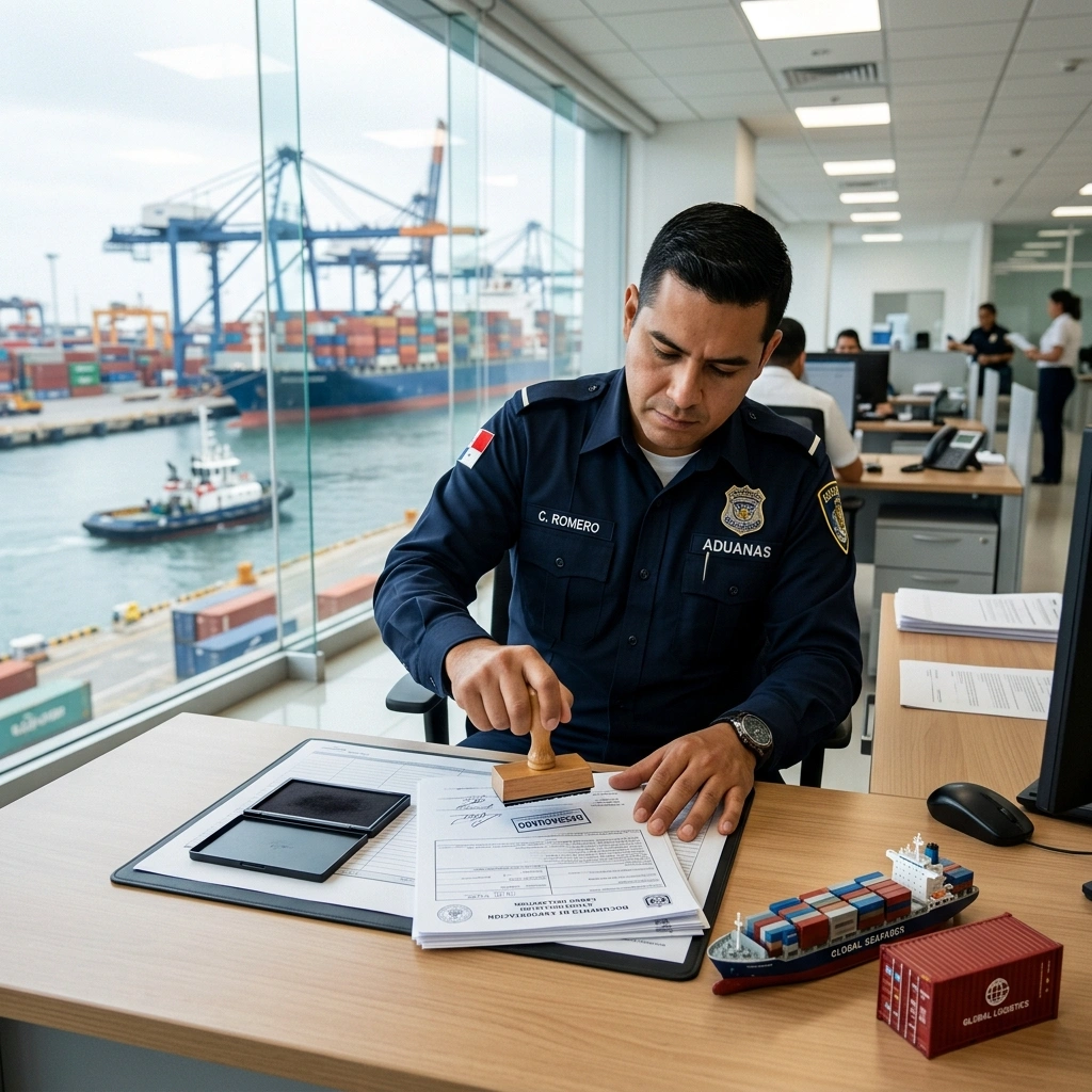 Customs Official Stamping Official Export Documents In A Modern Port Office, Ensuring International Trade Compliance And Efficient Maritime Logistics.