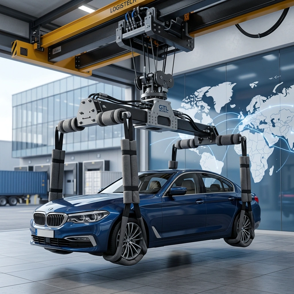 Specialized Soft-Grip Lifting Equipment For Secure Luxury Car Transport With A Background Showing Global Trade Routes And International Shipping Logistics.