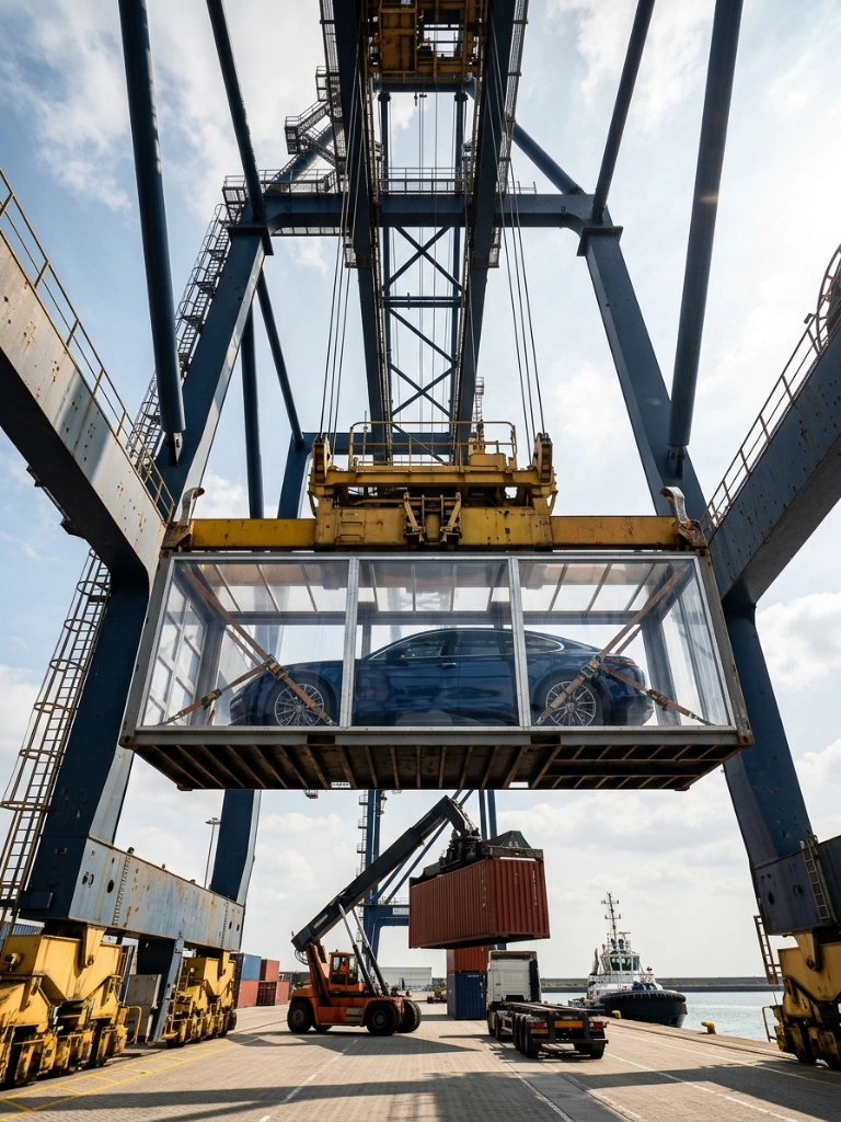 A High-End Luxury Car Secured Inside A Specialized Transparent Container Being Lifted By A Gantry Crane, Illustrating Secure Vehicle Transport And Precision Port Logistics.