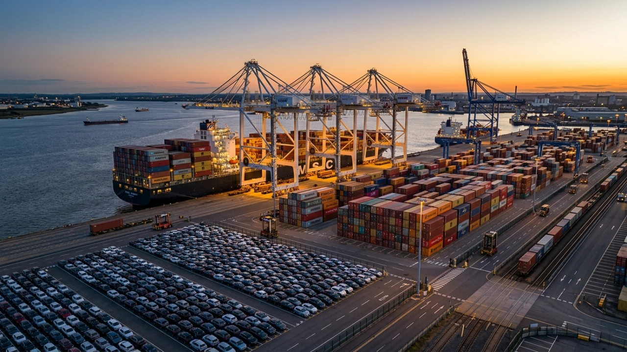 An Expansive And Secure Global Maritime Port Terminal At Twilight, Featuring Massive Gantry Cranes Loading A Container Ship Next To Organized Rows Of New Vehicles And Cargo Containers For International Shipping.