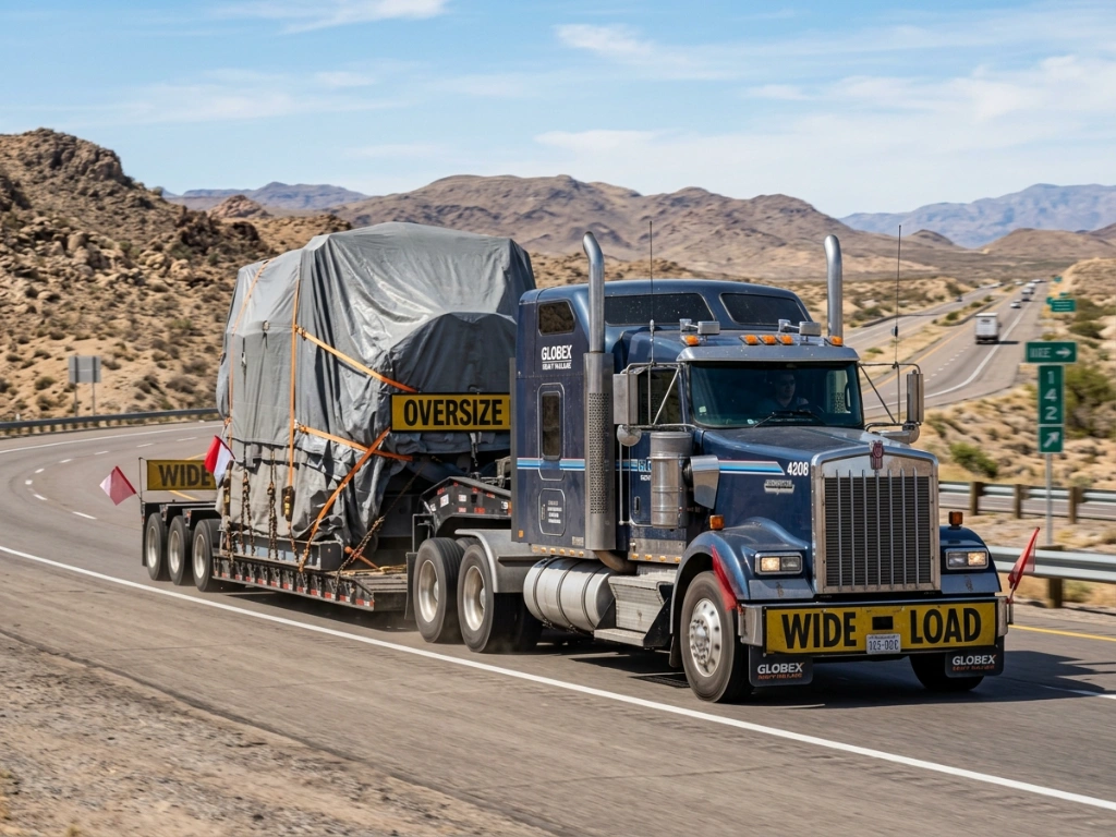 Heavy-Duty Semi-Truck Transporting A Secured Oversized Industrial Machinery Load On A Desert Highway, Representing Professional Heavy Haulage And Cargo Security Logistics.