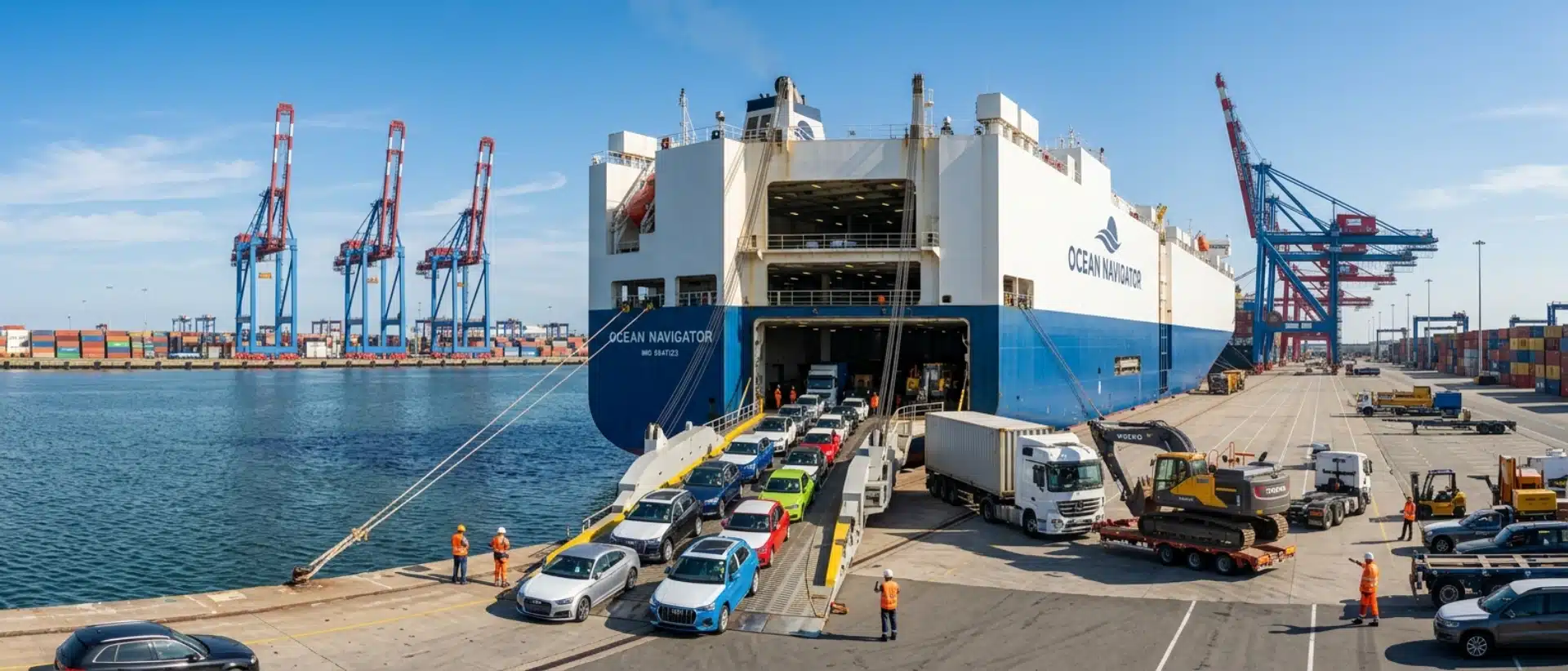 Modern Ro-Ro Cargo Ship Loading Vehicles And Heavy Machinery At A Deep-Sea Port