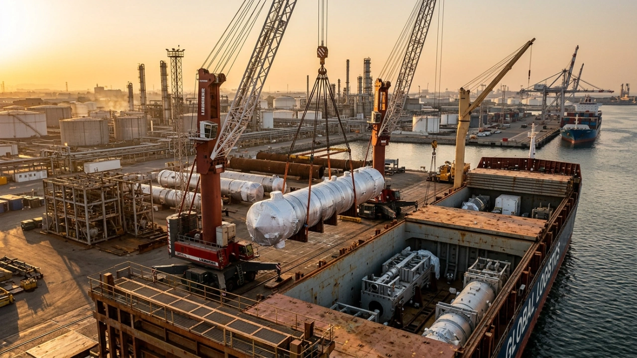 Heavy Lift Cranes Loading Large Refinery Components Onto A Specialized Charter Vessel At An Industrial Port During Sunset