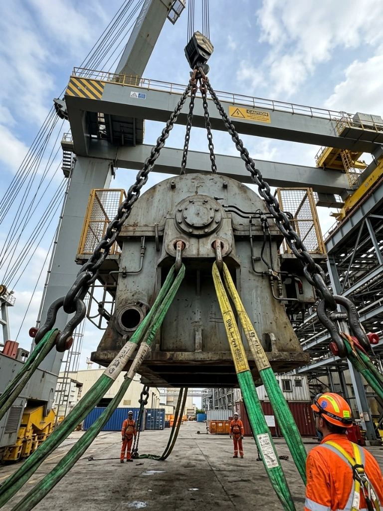 Industrial Rigging Equipment Featuring High-Tension Steel Chains And Slings Lifting Heavy Oversized Machinery With A Focus On Safety And Securement.