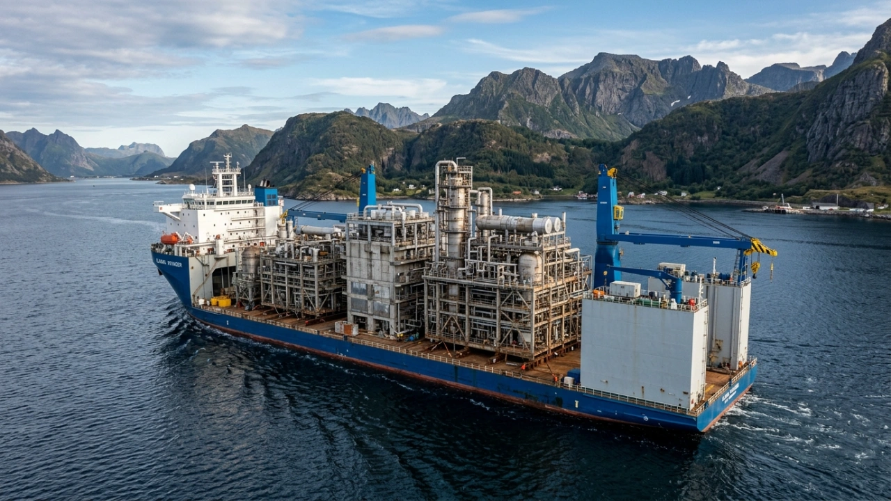 Heavy Lift Charter Ship Transporting Pre-Assembled Industrial Plant Modules For Extreme Logistics And Global Industrial Shipping.