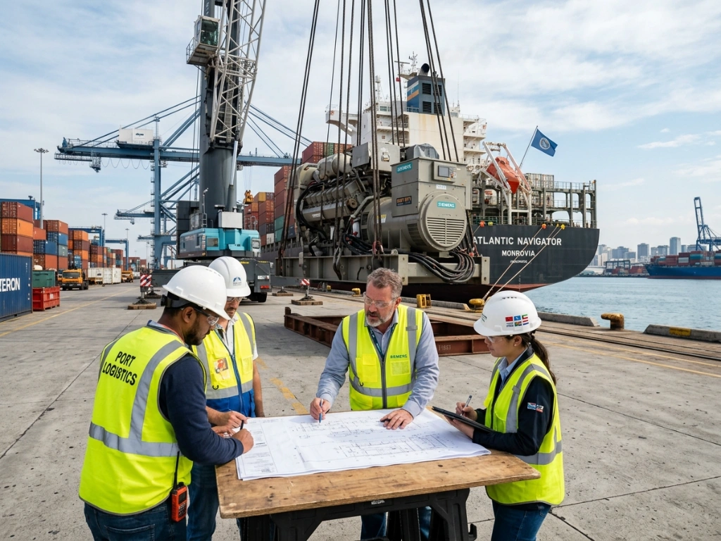 Professional Port Logistics Team And Engineers Supervising The Heavy Lift Loading Of A Massive Industrial Generator At A Shipping Terminal