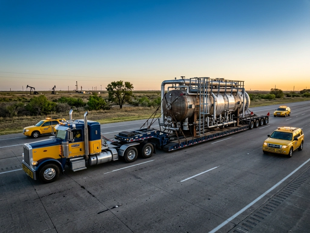 Specialized Project Logistics In Texas Featuring A Heavy-Haul Transport Vehicle Carrying Oversized Industrial Equipment On A Highway With Escort Pilot Cars.